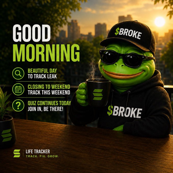 A 'Good Morning' graphic featuring a Pepe the Frog character wearing a black hoodie and sunglasses, holding a steaming mug, with branding for 'LIFE TRACKER' ("TRACK. FIX. GROW.") and 'SBROKE' text on the cap and hoodie.