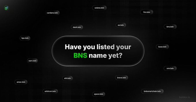 The image is a promotional graphic with the text "Have you listed your BNS name yet?" surrounded by various .bdx domain names (solana.bdx, cardano.bdx, dash.bdx, bnb.bdx, base.bdx, xmr.bdx, and others) on a dark background. The graphic visually reinforces the accompanying post's reflection about listing a .bdx name on the BNS Marketplace, prompting viewers to consider whether they should do the same with their Beldex Coin BNS names.