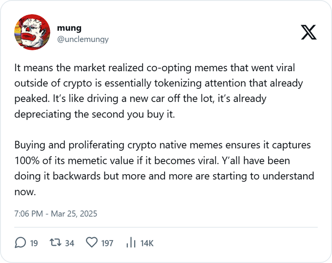 A screenshot of an X post by user 'mung' (@unclemung) discussing how crypto is tokenizing viral attention, comparing it to driving a new car off the lot.