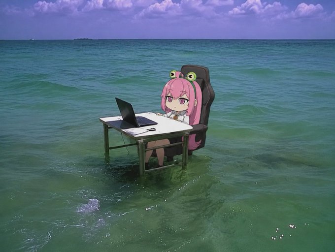 An anime character with pink hair and frog eye accessories sits at a desk with a laptop, partially submerged in the ocean. The image humorously depicts an absurd "office" in the sea, playfully suggesting an unusual location for collecting anime collectibles.