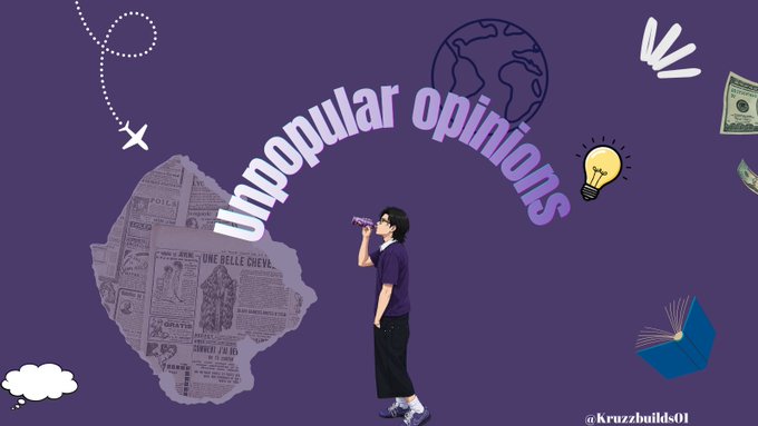 The image is a purple graphic featuring a person with a telescope next to the text "unpopular opinions," surrounded by illustrations of a globe, lightbulb, newspapers, money, and a book. It visually frames the post's contrarian takes on crypto/NFTs, representing the act of peering through a telescope to share bold, dissenting market views.