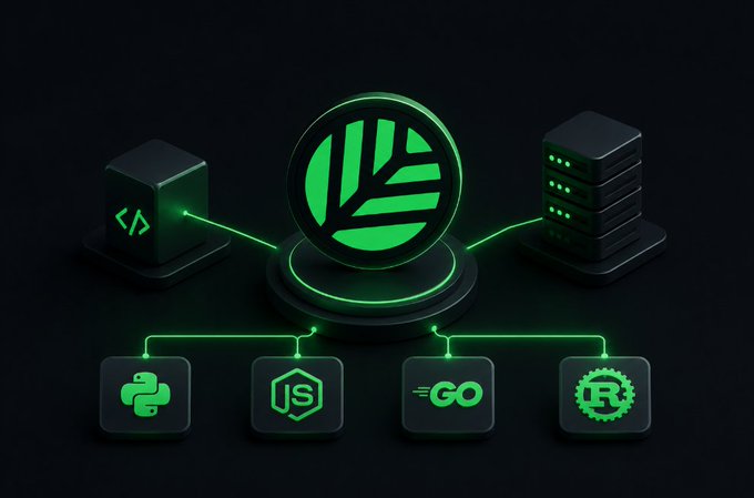 A glowing green tech graphic featuring a central leaf logo connected to icons for Python, JavaScript, Go, and Rust programming languages, flanked by server and code symbols.