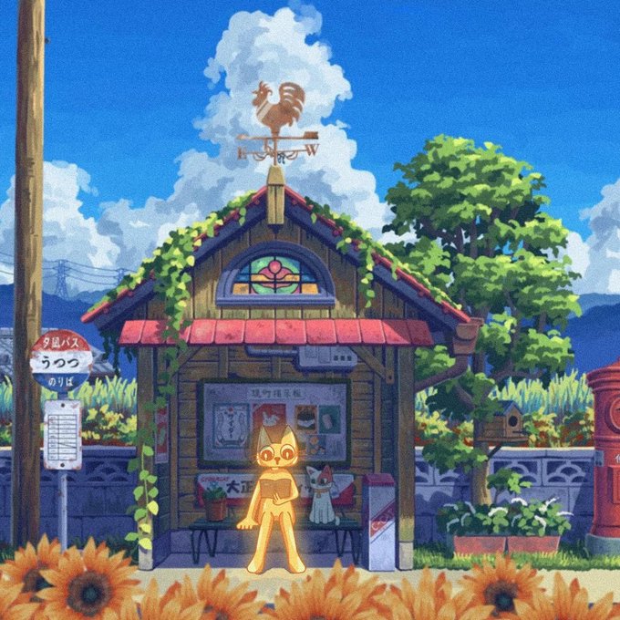A glowing, anthropomorphic cat sits at a sunlit, ivy-covered bus stop reading a book, beneath a rooftop rooster weathervane and a Japanese route sign listing "夕嵐バス ラング のりば" (Yuuarashi Bus / Lang / Boarding Point), with the fluffy clouds spelling out faint letters above, evoking the post's whimsical suggestion to "spot" early, easy-to-miss signs—just as a quiet countryside bus stop is easy to overlook—before the "BNB season" train leaves the station, with $CETS positioned as the unassuming, mustachioed "kingmaker" waiting at the stop to board.