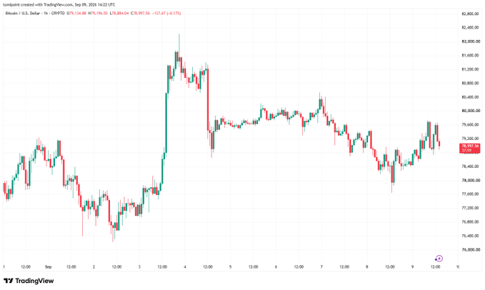 A TradingView daily candlestick chart for Bitcoin (BTCUSD) showing a price around $78,884 with notable volatility across early September.