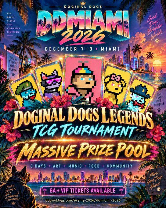 A vibrant promotional poster for "Doginal Dogs DDMiami 2026," a TCG tournament taking place December 7-9 in Miami, featuring pixel-art dog characters and announcing a massive prize pool with GA and VIP tickets available.