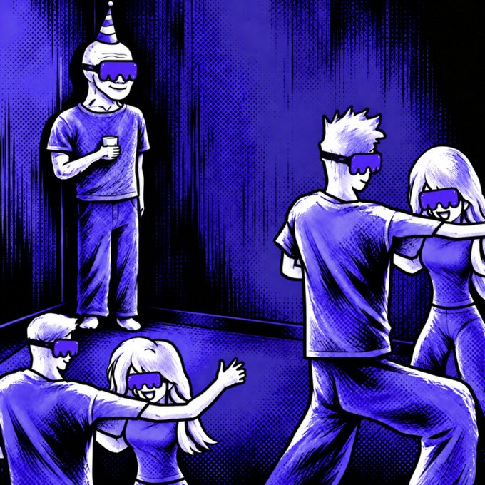 A comic-style illustration in blue and black shows people in VR headsets dancing at a party while one character wearing a party hat stands on the sidelines holding a drink, appearing detached from the fun. The image humorously represents someone quietly celebrating a personal win—a first payout on Kraken Prop—while others around them remain unaware and caught up in their own excitement.