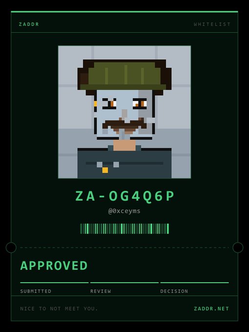 A digital approval card displays pixel-art of a bearded character, with the ID 'ZA-0G4Q6P', handle '@0xceyms', and status 'APPROVED', branded 'ZADDR' and 'WHITELIST'.