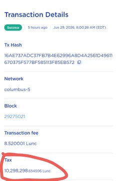 The image displays transaction details on the Columbus-5 network showing a successful transaction with a transaction fee of 8.520001 Lunc and a tax burn of 10,298,298.634506 Lunc (circled in red), which corresponds to the post highlighting over 10M Lunc burned during a 2.059B Lunc transfer from v3y to np7.