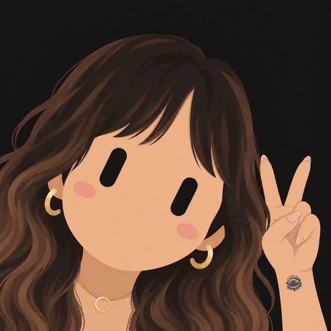 An illustration of a girl with brown hair making a peace sign, featuring simplified oval eyes, rosy cheeks, gold hoop earrings, and an evil eye tattoo on her wrist against a black background.