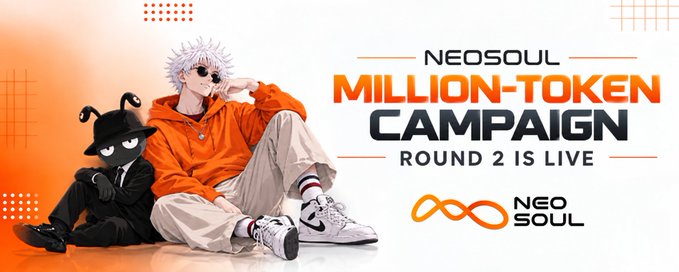 An advertisement banner featuring an anime-style character with white spiky hair and a small black creature, promoting the 'NEOSOUL MILLION-TOKEN CAMPAIGN' with text indicating 'ROUND 2 IS LIVE'.