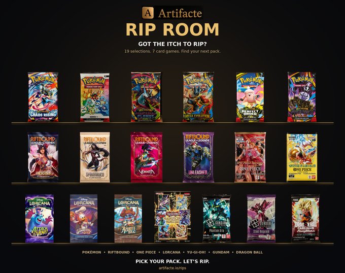 An 'Artifact RIP ROOM' promotional graphic displays 19 booster pack selections across 7 card games (Pokémon, Riftbound, One Piece, Lorcana, Yu-Gi-Oh!, Gundam, Dragon Ball) with the tagline 'PICK YOUR PACK. LET'S RIP.'