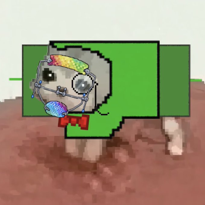 A pixel-art gray cat wearing a bright green rectangular costume resembling a block, decorated with a rainbow sequined eye patch and a disco-ball mouth accessory with a red bow tie.
