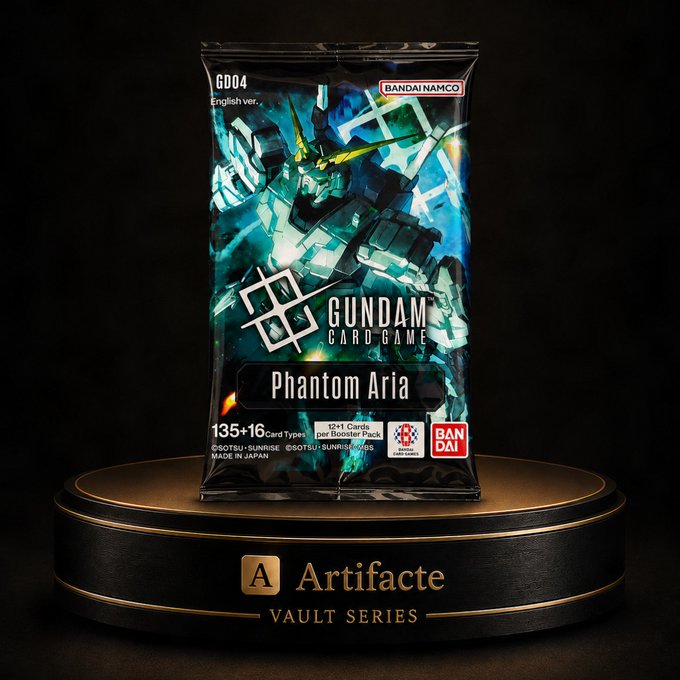 This image features a "Gundam Card Game Phantom Aria (GD04) Booster Pack," which is likely the prize for the "Top 10 Weekly Leaderboard Airdrop" mentioned in the accompanying post. The "Artifacte Vault Series" branding suggests this is a special collection or event.