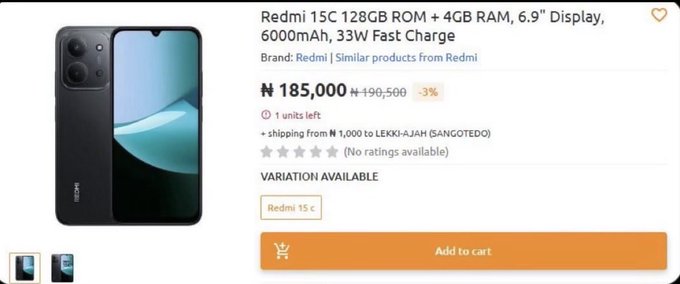 A product listing for the Redmi 15C smartphone (128GB ROM + 4GB RAM, 6.9" Display, 6000mAh, 33W Fast Charge) priced at ₦185,000 (down from ₦190,500) is shown, with the phone available from a Lagos-based seller.

This image appears unrelated to the giveaway post about tagging friends and sharing a SOL wallet address for a $150 prize.