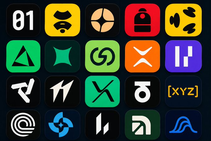 A grid of 20 colorful square app or brand logos in various colors including green, yellow, black, red, orange, purple, and blue, featuring symbols like "01", "[XYZ]", and various abstract designs.