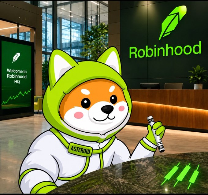 A cheerful Shiba Inu mascot wearing a green and white hoodie labeled "ASTEROID" sits at a desk in the Robinhood HQ lobby, holding a marker as if drawing. The image ties into the post "All $ASTEROID knows is green." by visually emphasizing the cryptocurrency's bullish green color scheme, prominently featuring Robinhood branding alongside an upward-trending stock chart.