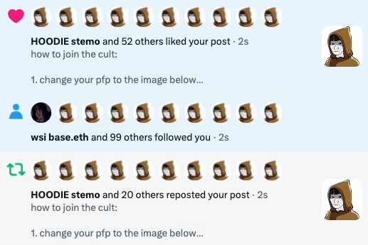 A screenshot of social media notifications, showing a post by "HOODIE stema" instructing users to "change your pfp to the image below..." in order to "join the cult," accompanied by repetitive hooded figure profile pictures.