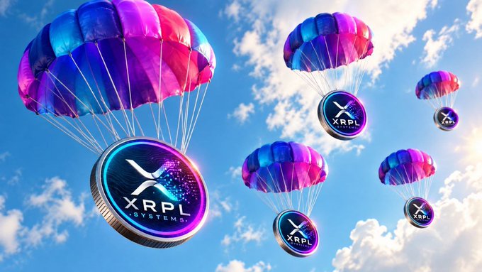 Several digital parachutes in vibrant pink, purple, and blue descend through a cloudy blue sky, each carrying a glowing coin with the 'XRPL Systems' logo.
