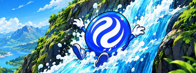 An animated illustration of a blue spherical mascot character with arms and legs running joyfully down a waterfall in a vibrant mountainous landscape.