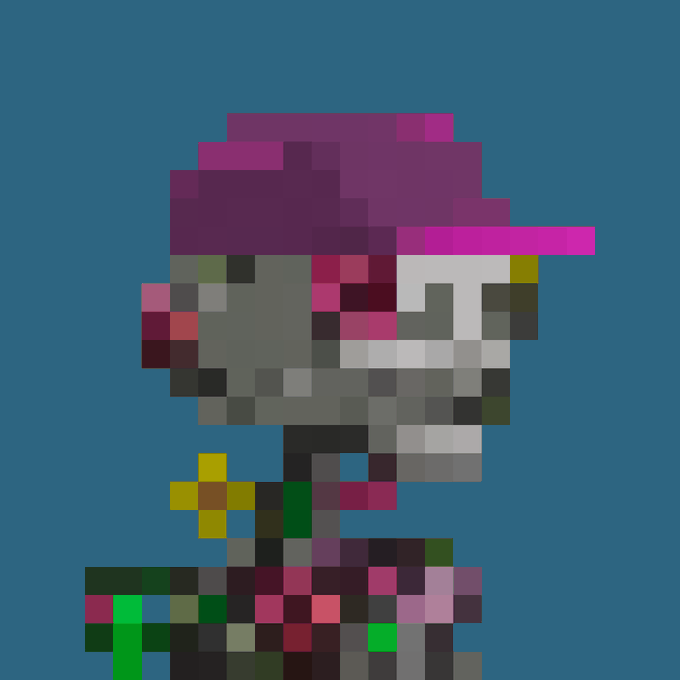 A pixel art sprite of a character with magenta/pink hair, a red hat, and dark clothing set against a dark teal background.