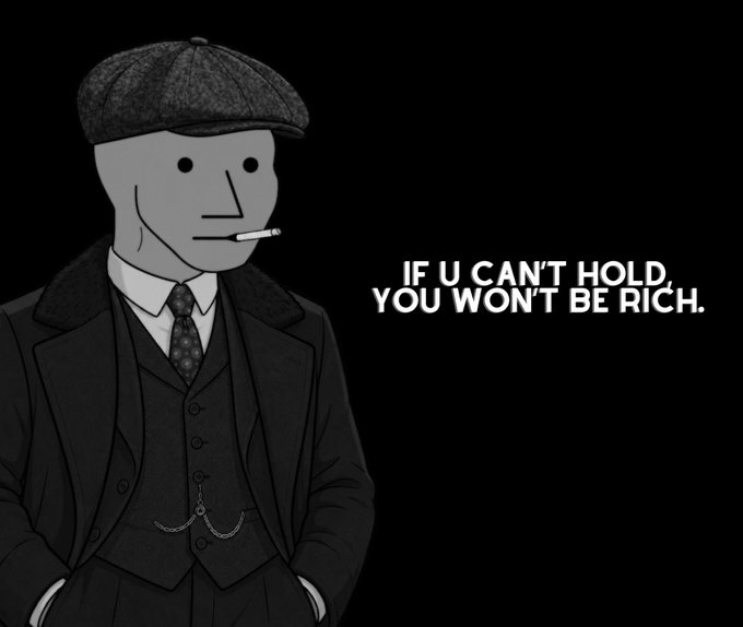 A stylized gray-toned illustration of a well-dressed man wearing a flat cap, suit, and tie, smoking with a cigarette in his mouth, accompanied by the bold text "IF U CAN'T HOLD, YOU WON'T BE RICH." The stoic, expressionless figure reinforces the $NPC meme's message about emotional detachment and resilience needed to build wealth in crypto.