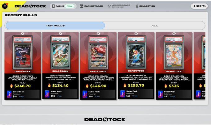 Screenshot of the DEADSTOCK website showing a 'RECENT PULLS' section with 'TOP PULLS' tab selected, displaying graded Pokémon cards including 2025 Pokémon Japanese Maki-Maga Dream EX #237 ($248.70), #200 Japanese Mr. Mime Promo (#136 MEGA... $134.40), 2013 Japanese XY/XY Break Dream League Roug... ($146.90), 2022 Pokémon Japanese Toy Komori Beat Hyper Mega Gengar... ($293.70), and 2025 Pokémon Japanese Maki-Maga Dream EX #246 Mega... ($336), each marked as a 'Super Pack' pull.
