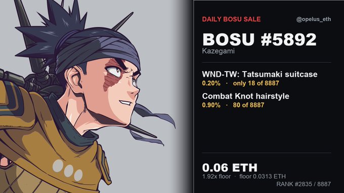 A promotional graphic for an NFT sale titled "DAILY BOSU SALE" featuring "BOSU #5892 (Kazegami)" with traits like "WND-TW: Tatsumaki suitcase" and "Combat Knot hairstyle," priced at 0.06 ETH.