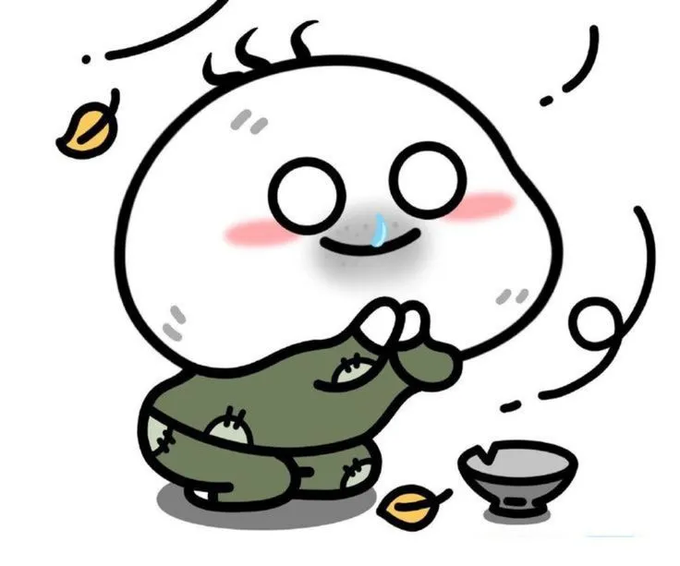 A cute white cartoon character wearing worn, patched-up green clothing sits with a hopeful, slightly nervous expression, drooling while staring longingly at a bowl and falling autumn leaves.

The image humorously illustrates the post's theme of waiting desperately and hopefully for a coveted spot (Nomi Ambassador position for Injective), depicted through the character's eager, drooling anticipation like someone starving for a win they desperately want.