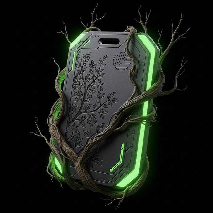 A dark, metallic device engraved with a tree motif is wrapped in gnarled branches that emit an eerie green glow, symbolizing how a successful chain can either nurture and strengthen its ecosystem or strangle the shared resources that helped it grow—much like CNPY Network's vision of giving back to the community that built it.