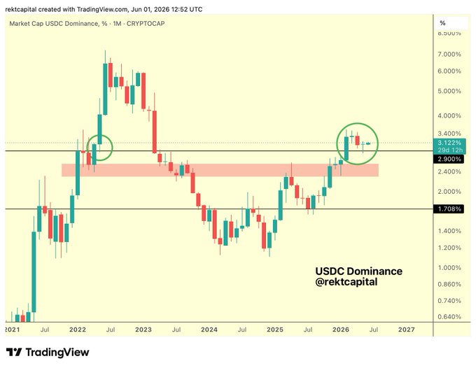 The image presents a chart of two stock market trends, one being USDC dominance and the other Bitcoin. The chart shows that USDC Dominance has recently tested 2.9% as support with a price uptrend, while Bitcoin's price is dropping down at around $72k and its momentum continues to falter. This information is relevant because it gives insights into the performance of these two companies in their respective market sectors.