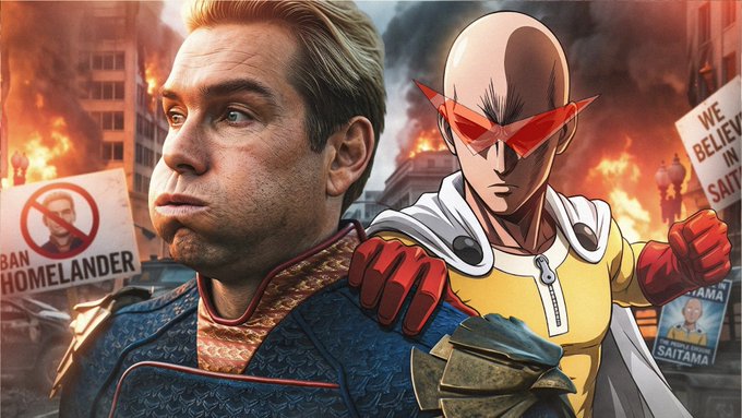 A promotional mashup image featuring Homelander (The Boys) on the left and Saitama (One Punch Man) on the right, set against a burning cityscape with protest signs reading 'BAN HOMELANDER' and 'WE BELIEVE IN SAITAMA'.