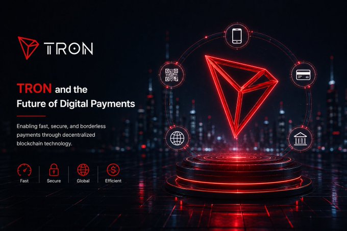 A digital promotional graphic for 'TRON' titled 'TRON and the Future of Digital Payments,' highlighting its decentralized blockchain technology with icons for Fast, Secure, Global, and Efficient features.