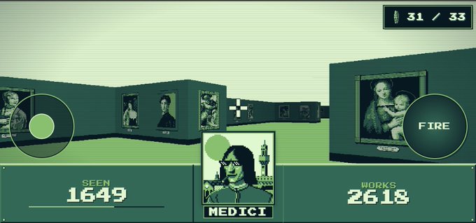 A screenshot from a video game showing an art gallery with Renaissance-era portraits, displaying 'SEEN 1649', 'WORKS 2618', 'FIRE', and 'MEDICI' on the interface.