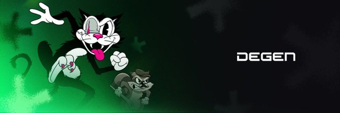 The image features a cartoon cat with a big smile, surrounded by other cartoon characters such as a raccoon and a squirrel. The background of the image is black, which contrasts with the colorful cartoon characters. The text "DEGEN" is written in white at the bottom right corner of the image.