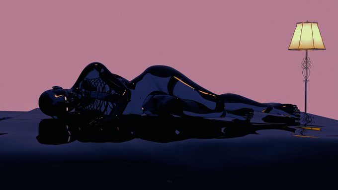 A digital artwork showing a glossy black reclining figure next to a lamp against a pink background.
