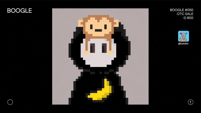 A pixel art NFT displayed on a dark screen, titled 'BOOGLE', showing a figure in a black hood with a small monkey-like character on its head; marked 'BOOGLE #050', 'OTC SALE', 'Ξ 800' with creator '@kyledtc'.