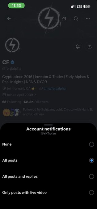 Mobile screenshot of an X (Twitter) profile for 'CF @fergalpha' showing 'Crypto since 2016 | Investor & Trader | Early Alphas & Real Insights | NFA & DYOR', with the Account notifications menu open and 'All posts' selected.