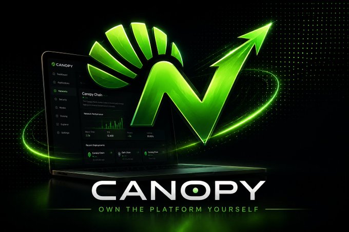 The image features a laptop computer with a green logo that says "CNPY" on it. The background of the image is black, but there are some lights shining through, creating an interesting visual effect. Below the laptop screen, there's text that reads "Happy weekend, legends Most people look at @CNPYNetwork and immediately notice one thing: The ability to launch an L1 almost as easily as deploying a smart contract With the Canopy Stack, builders can spin up their own blockchain, customize key parameters, and get it". This suggests that the laptop is promoting a new platform or service related to cryptocurrency.