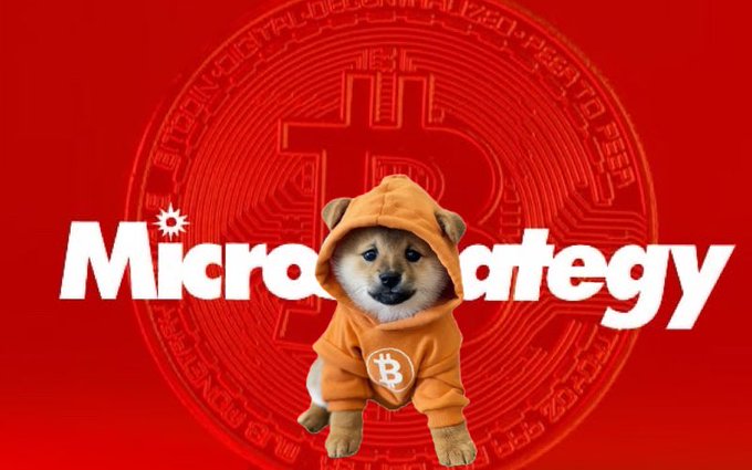 The image features a Shiba Inu dog wearing a Bitcoin-themed orange hoodie, positioned in front of the MicroStrategy logo and a large Bitcoin emblem on a red background. The bold "MicroStrategy" text visually contrasts with the DOGE-clad Shiba Inu, reinforcing the post's claim that $DOG will outperform $MSTR going forward.