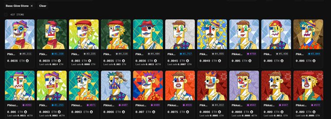 A grid of 20 colorful, cubist-style pixel art character portraits is displayed, each labeled with the ticker "Pikka..." and individual item numbers like #G_111 through #G_023, with the post noting "Glow Stone= Glod @pikkazonft" to identify the collection.
