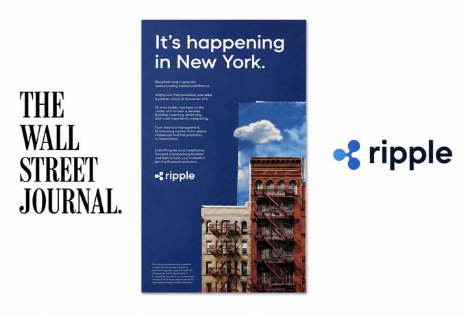 A full-page Ripple advertisement in The Wall Street Journal with the headline "It's happening in New York," promoting blockchain and crypto solutions for institutional finance alongside an image of a New York City building, complementing the post's message about Ripple establishing itself as a major player in global finance.