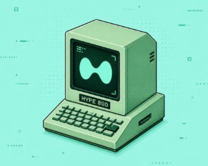 A retro-style illustrated computer labeled "HYPE 800" with an infinity symbol on its screen, representing the HYPE blockchain's branding in a nostalgic tech style for a giveaway post featuring 5 guaranteed spots to win HypeQuotronsNFT, with a total supply of 7,777.