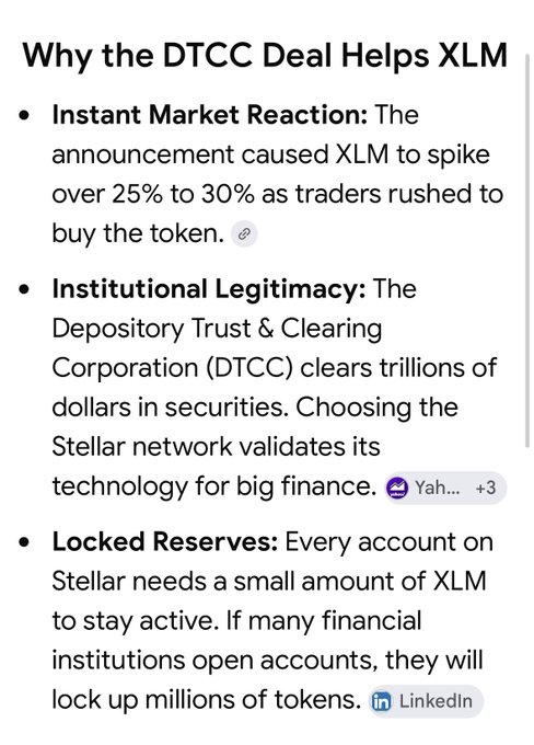 A screenshot of an article titled 'Why the DTCC Deal Helps XLM', listing bullet points about instant market reaction, institutional legitimacy, and locked reserves for the Stellar cryptocurrency.