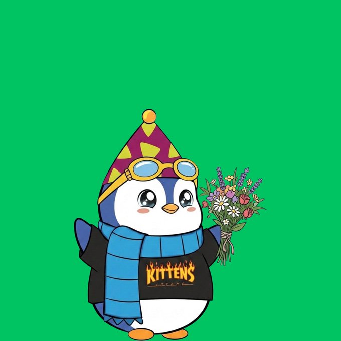 A cartoon penguin mascot wearing a party hat, goggles, and a blue scarf, holding a bouquet of flowers, with 'KITTENS' on its shirt, against a green background.