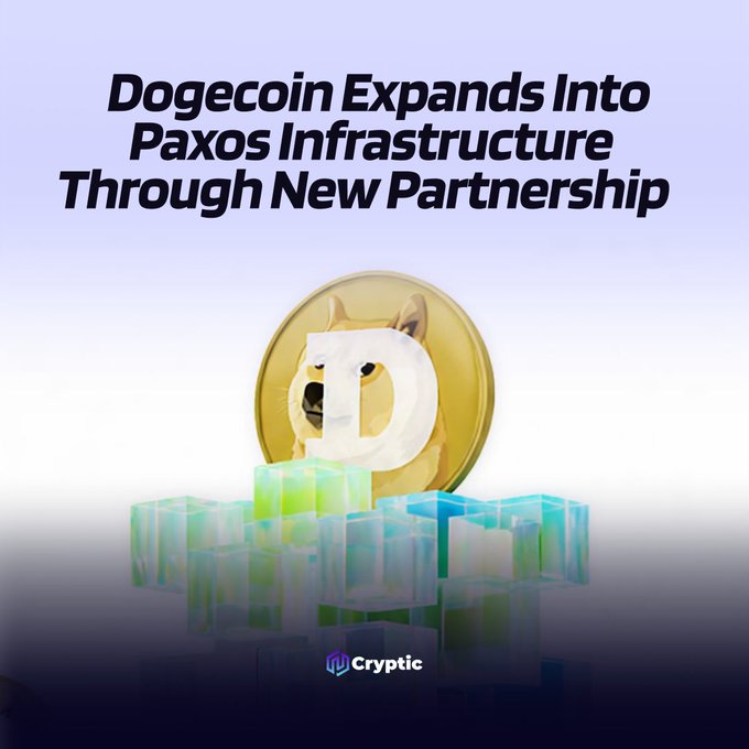 The image features a large golden coin with a white face design sitting atop a pile of cubes. The text above the coin reads "DOGEcoin expands into Paxos infrastructure through new partnership". This suggests that the coin has been integrated into the cryptocurrency ecosystem, and it is now being used by major fintech platforms for various purposes such as payments or transactions.