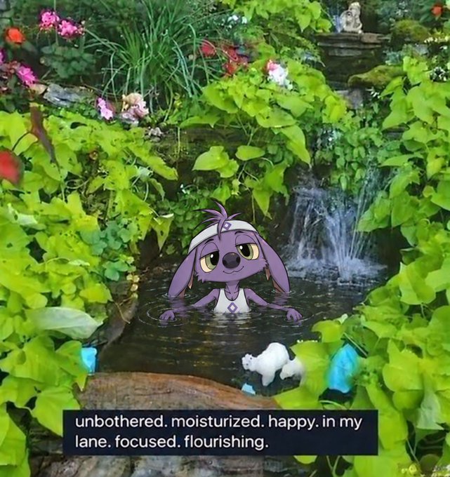 A composite image showing the purple cartoon dog 'Ky' (from the Care Bears) in a lush garden pond with the caption 'unbothered. moisturized. happy. in my lane. focused. flourishing.'