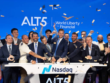 A celebration scene at the Nasdaq stock exchange with confetti, featuring 'ALT5 World Liberty Financial' branding and a group of people at the podium.