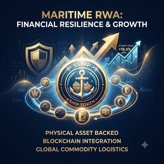 A promotional graphic for 'MARITIME RWA: FINANCIAL RESILIENCE & GROWTH' featuring a central '$SHIP' token logo with an anchor, surrounded by growth charts, commodity icons, and text highlighting 'PHYSICAL ASSET BACKED' and 'BLOCKCHAIN INTEGRATION'.