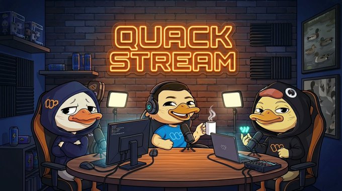 A cartoon illustration of three duck characters streaming a podcast called 'QUACK STREAM' under a glowing neon sign in a brick-walled studio.