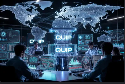 The image shows a group of people sitting at desks with laptops open in front of them, likely working together as part of a team. The room has a large screen displaying a map of the world, which could be used for presentations or brainstorming sessions. The focus on creating real conversations and meaningful engagement is emphasized by the use of Quip network's platform, which encourages users to share ideas and collaborate effectively. This approach differs from other social media platforms that prioritize vanity metrics and bots over genuine human interaction.